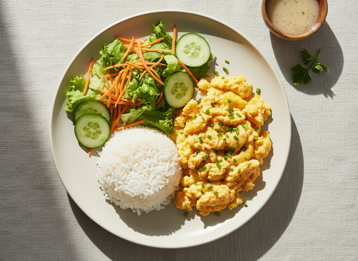 Prato misto com ovos mexidos e salada photo