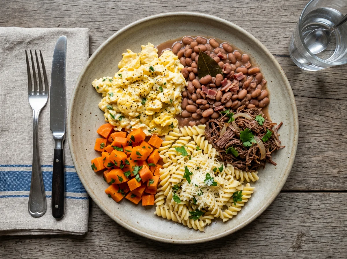 Prato misto com ovos mexidos, feijão, massa e cenoura photo