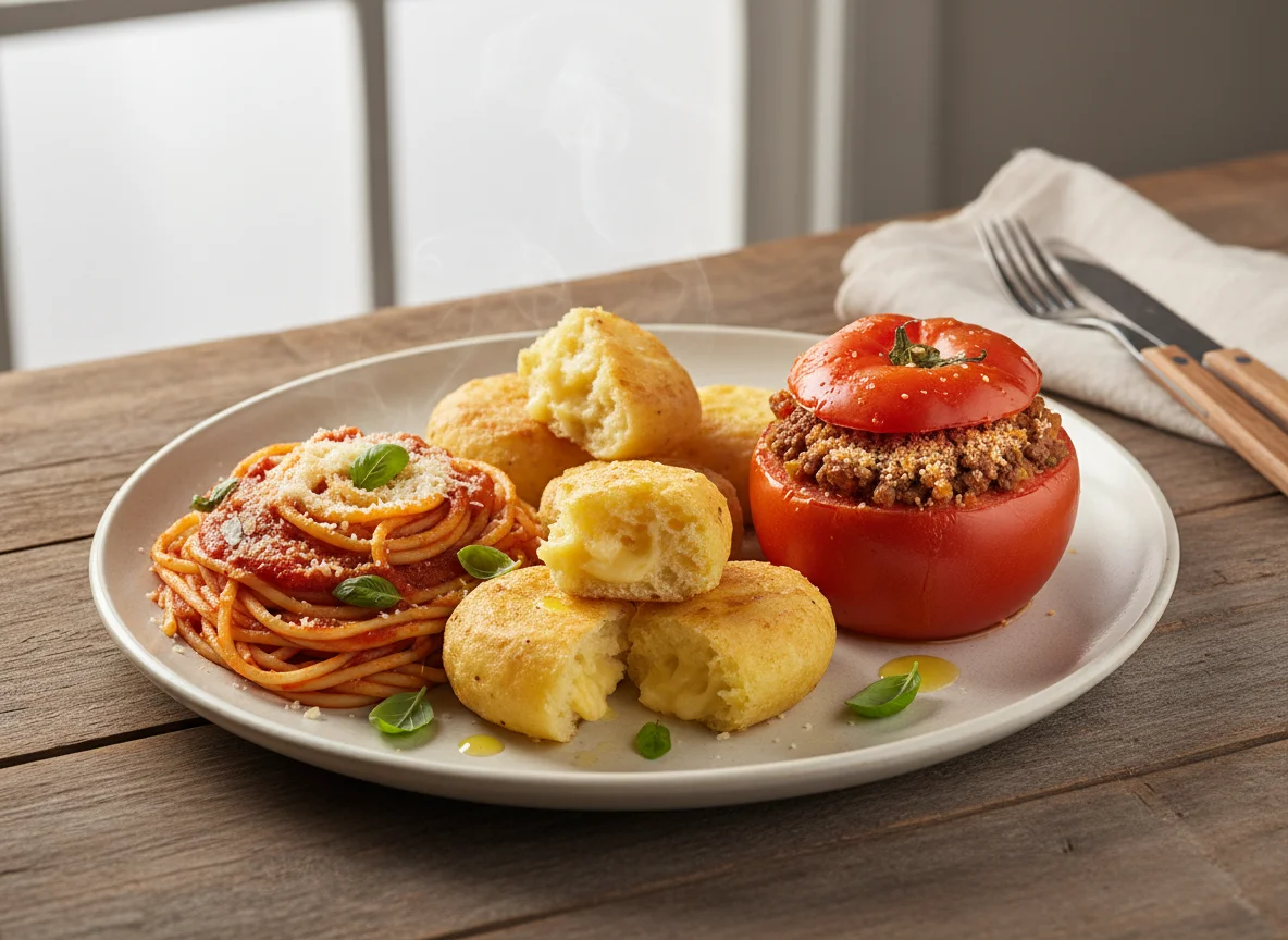 Prato misto com pão de batata, tomate recheado e espaguete photo