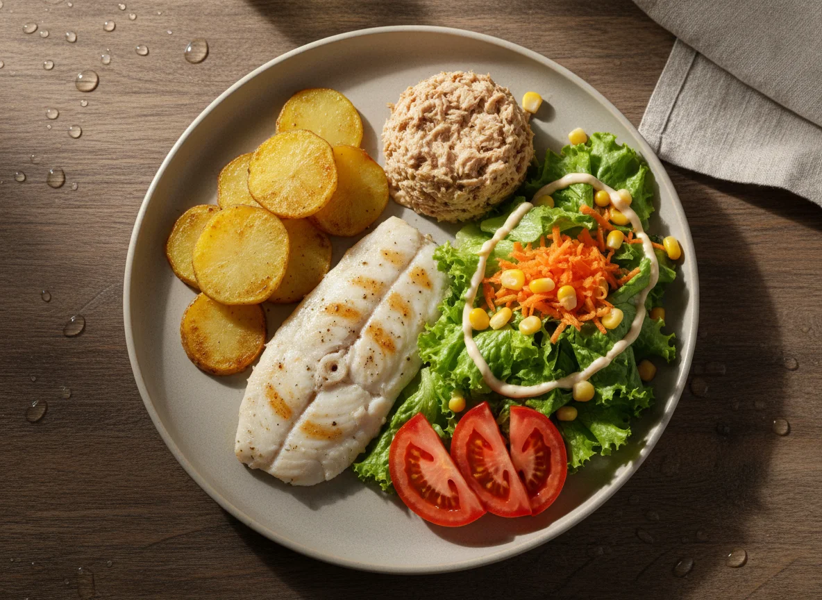 Prato misto com peixe, batatas e salada photo