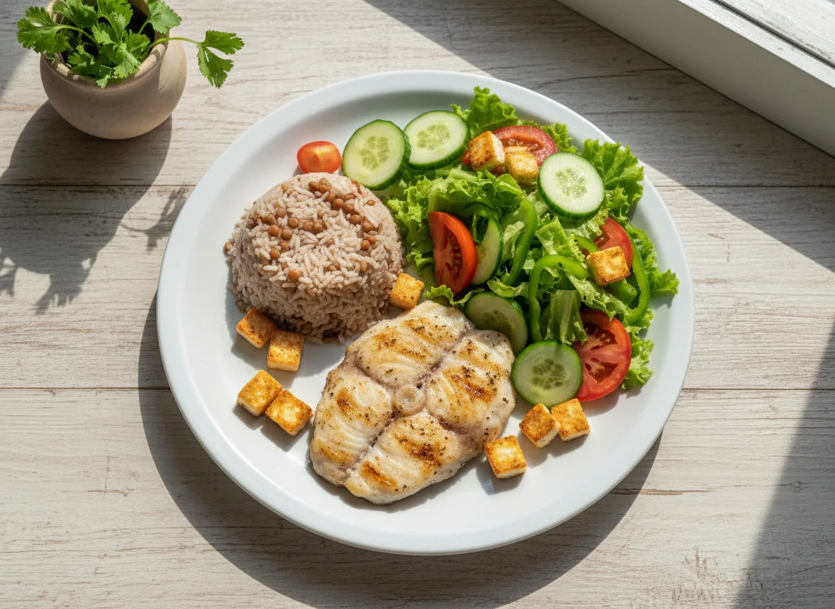 Prato misto com peixe e salada photo