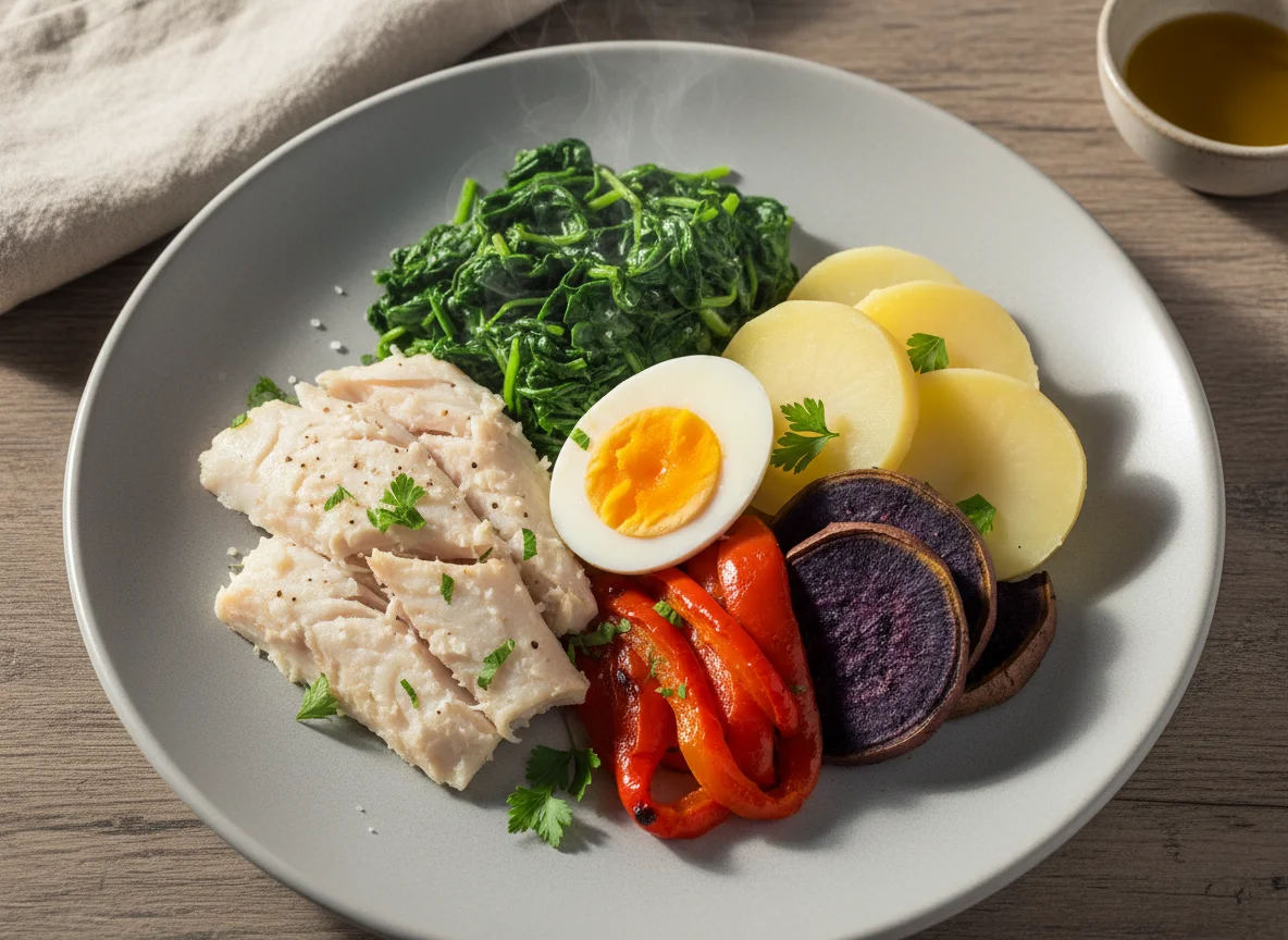 Prato misto com peixe e vegetais photo