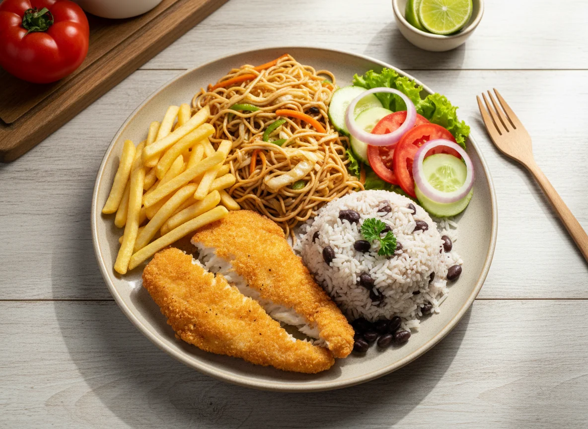 Prato misto com peixe empanado, arroz, feijão, macarrão e salada photo