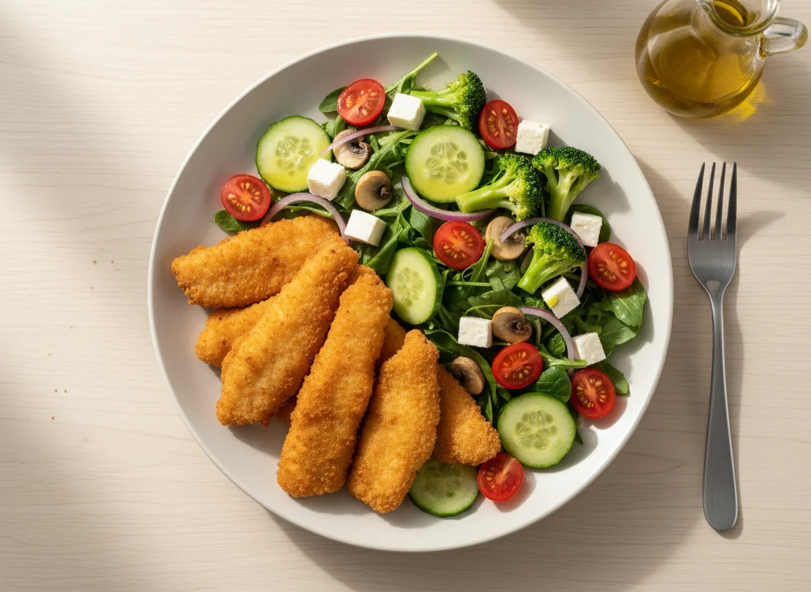 Prato misto com peixe empanado e salada photo