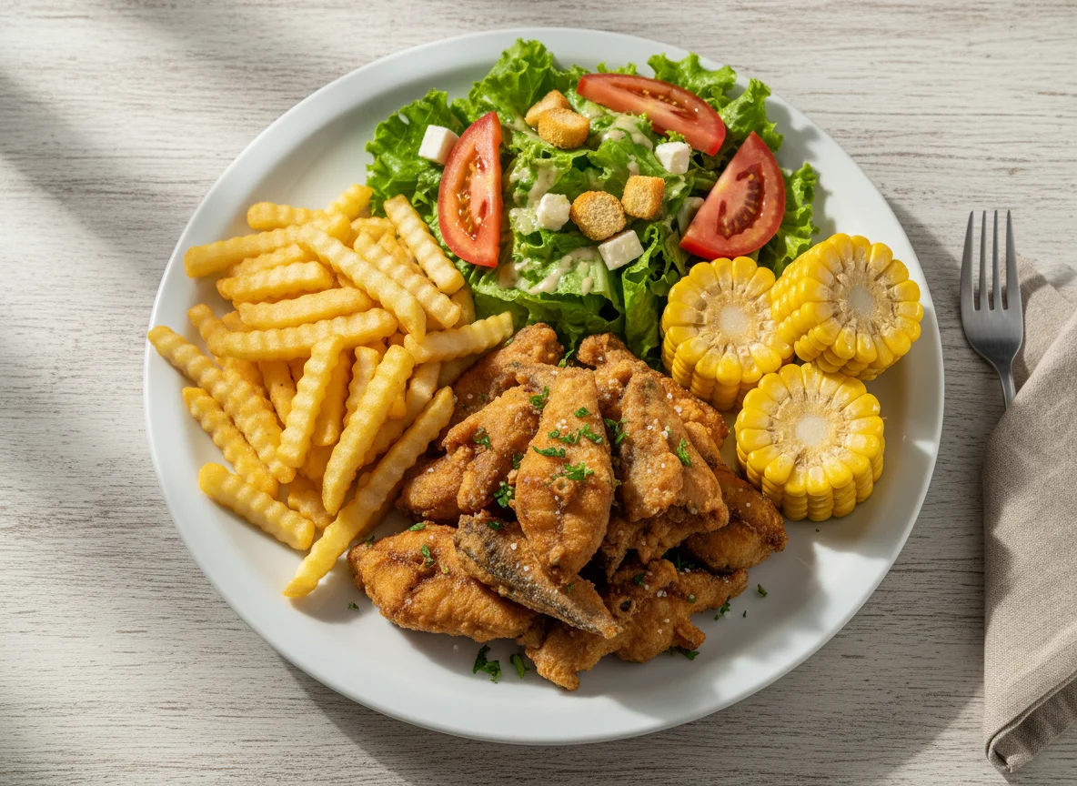 Prato misto com peixe frito, batata frita, milho e salada photo