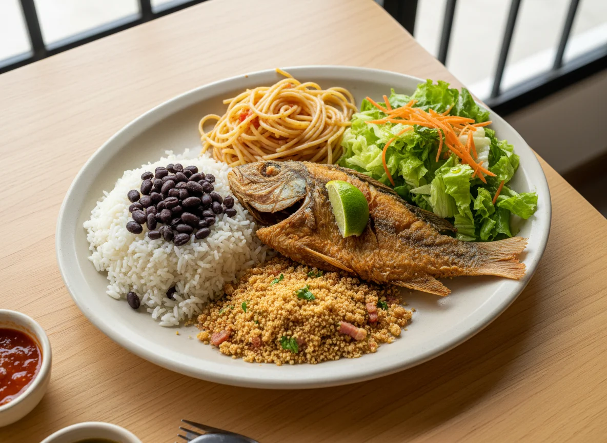 Prato misto com peixe, salada e feijão photo