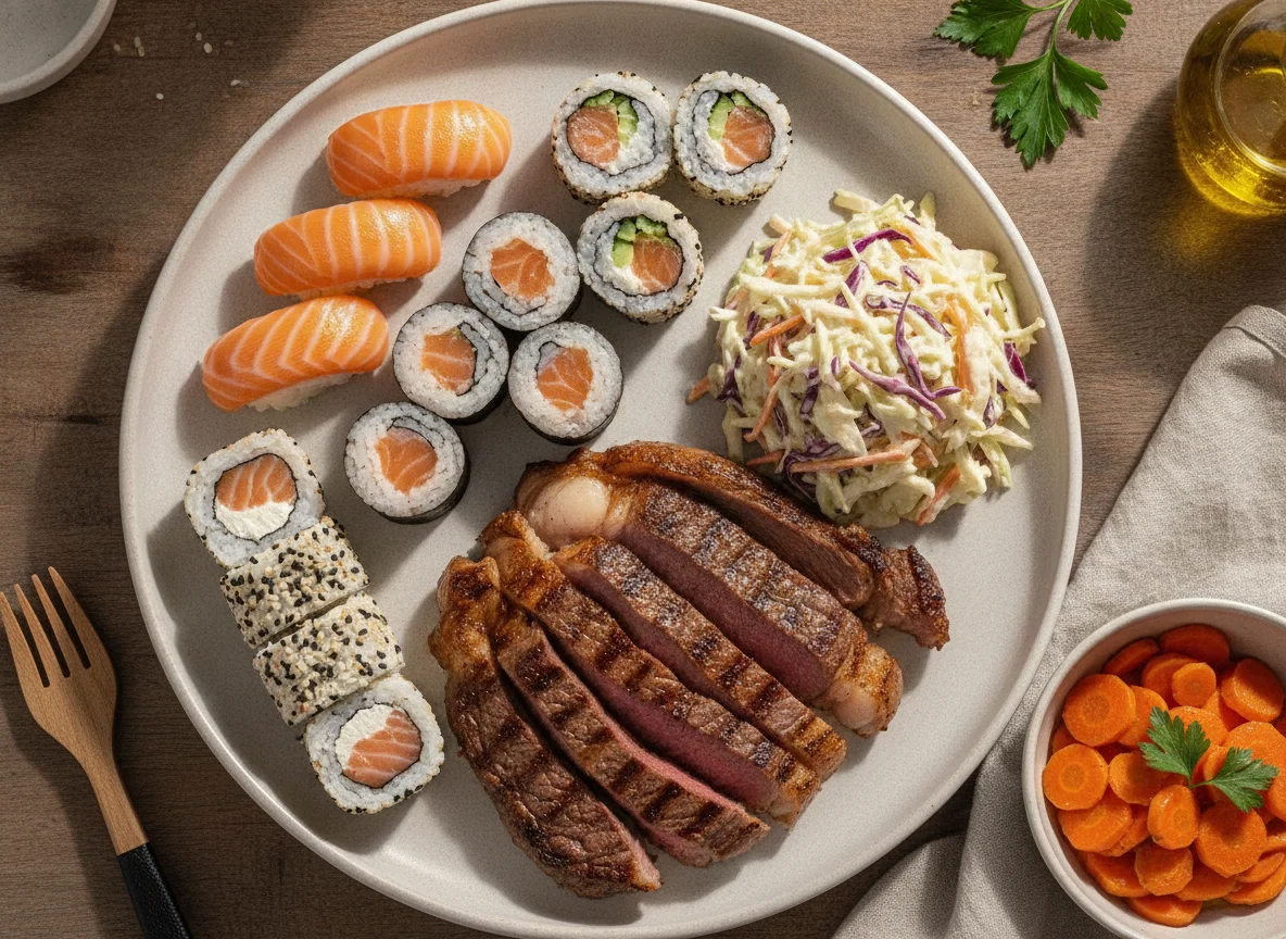 Prato misto com Picanha, Sushi e Saladas photo