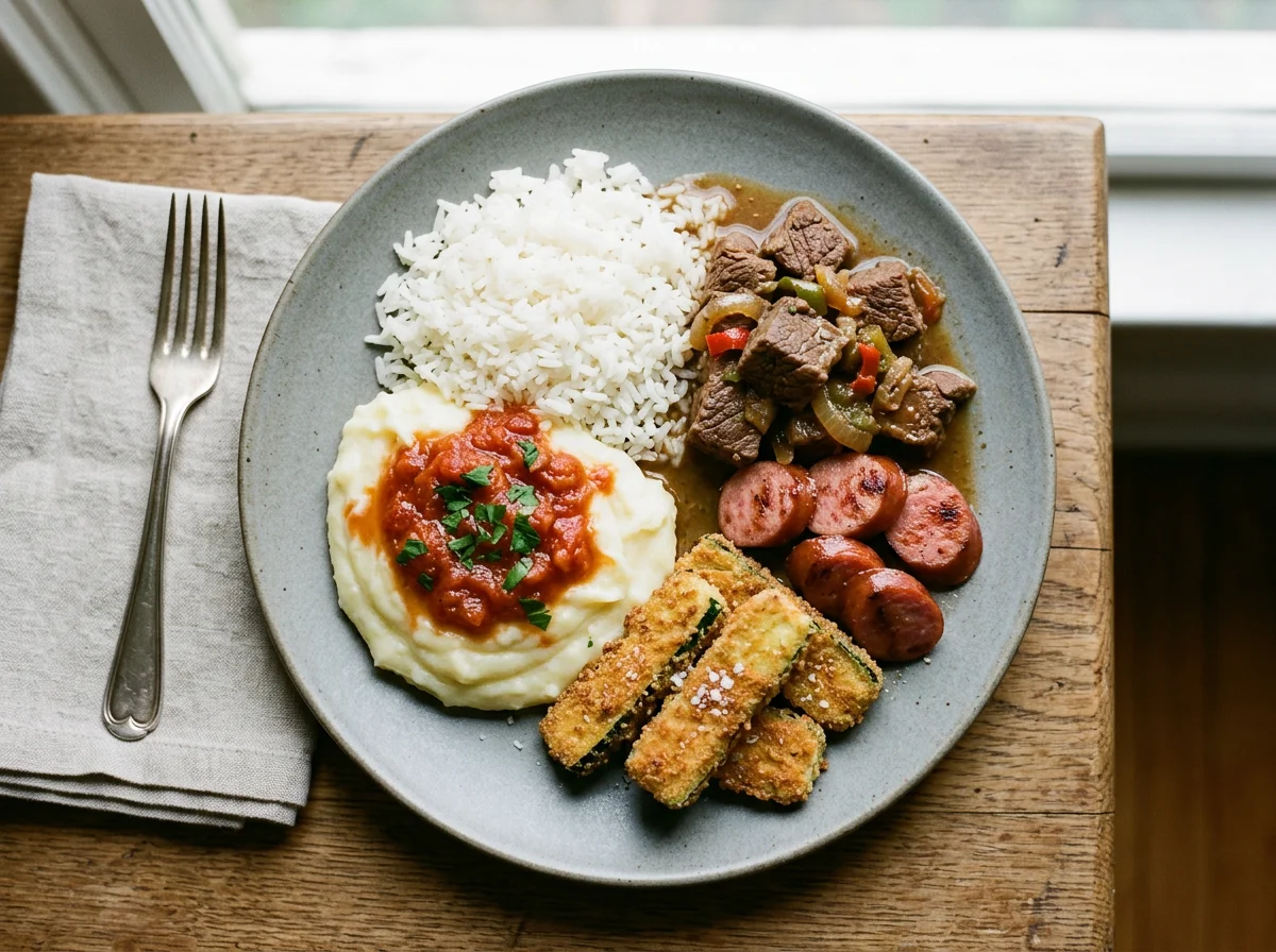 Prato misto com purê, arroz, carne, salsicha e abobrinha frita photo