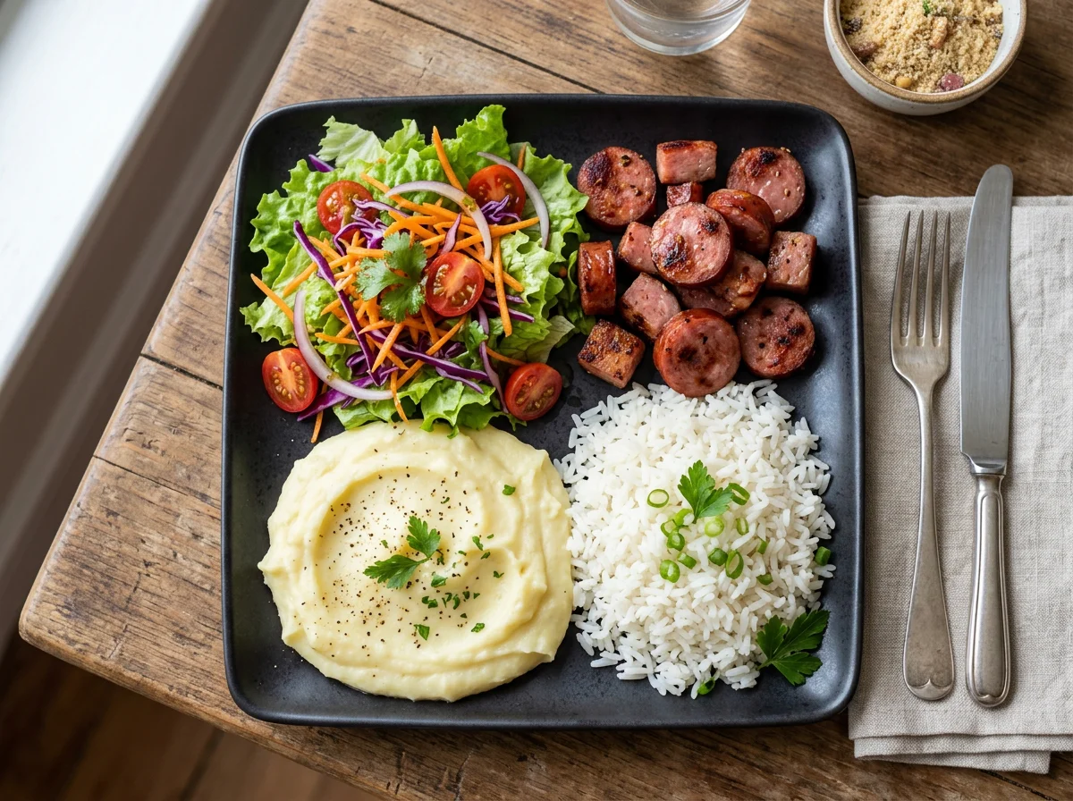 Prato misto com purê, arroz, salada e linguiça photo