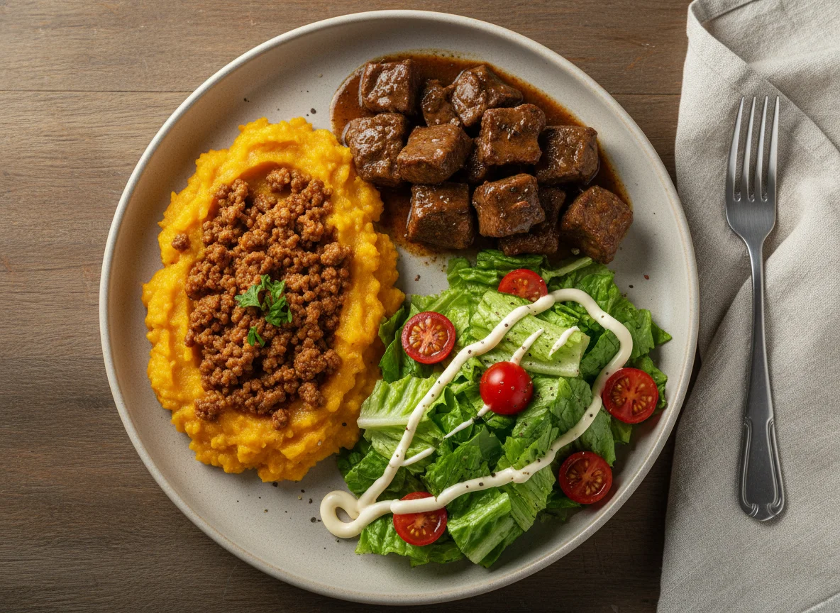 Prato misto com purê, carne e salada photo