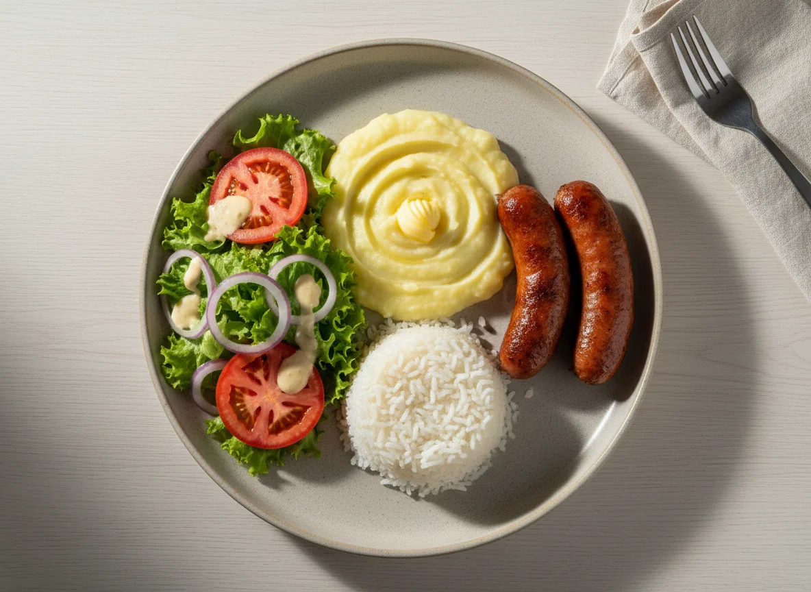 Prato misto com purê, salada, arroz e linguiça photo