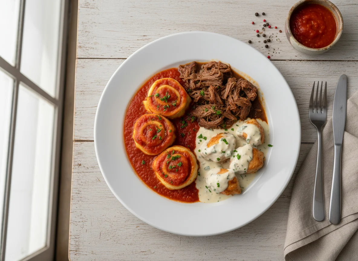 Prato misto com rondeli, carne e frango ao molho photo