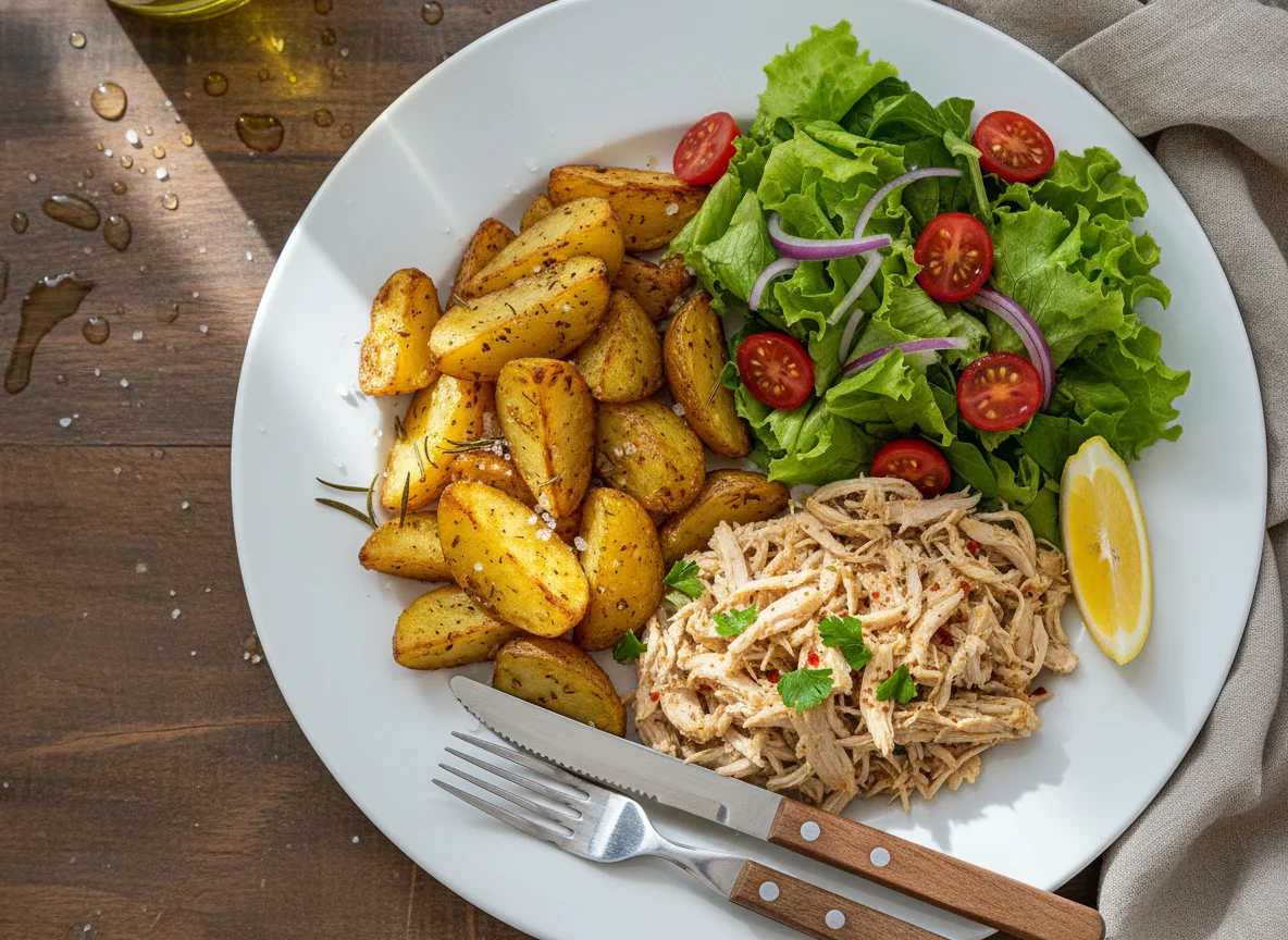 Prato misto com salada, batatas rústicas e frango photo