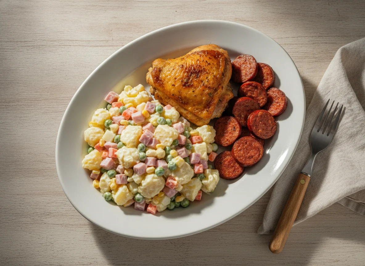 Prato misto com salada de maionese e frango assado photo