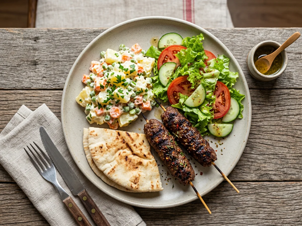 Prato misto com salada de maionese, kafta e salada verde photo