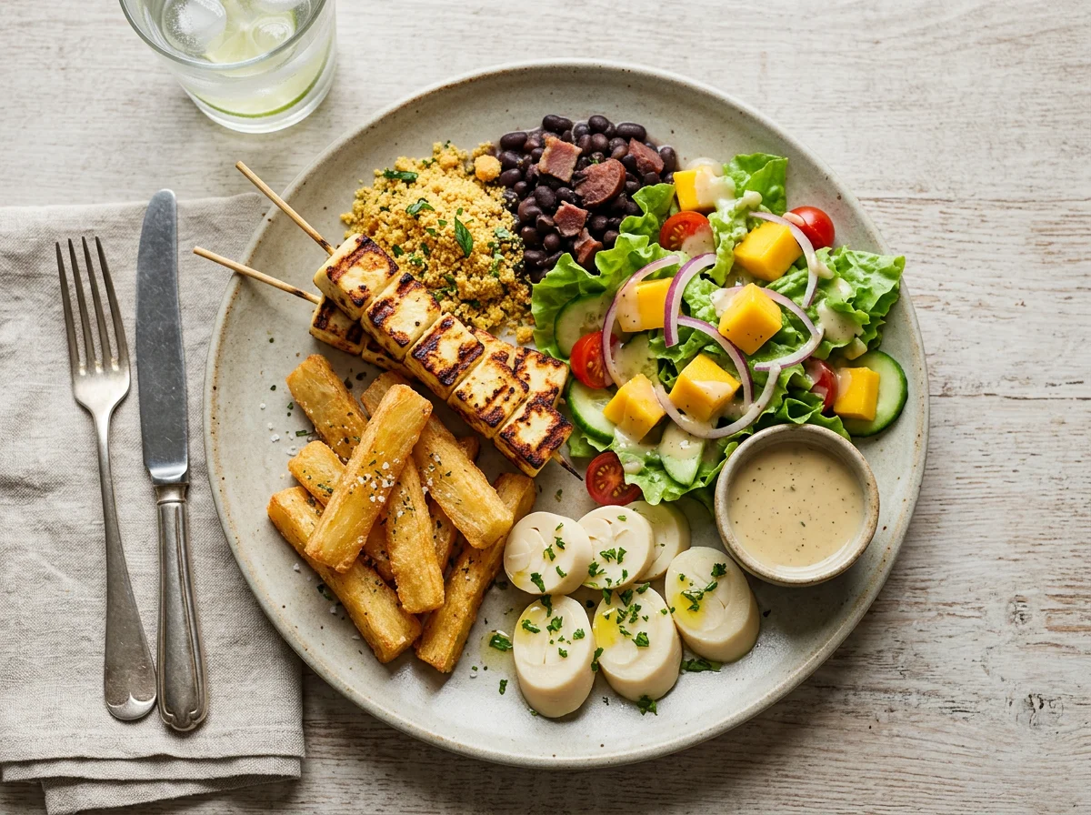 Prato misto com salada e acompanhamentos photo