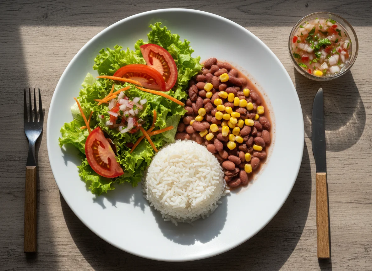 Prato misto com salada e arroz photo