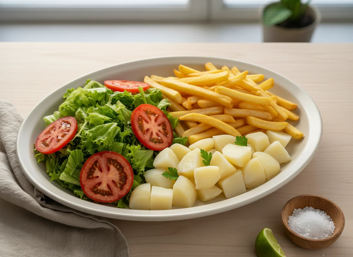 Prato misto com salada e batatas photo