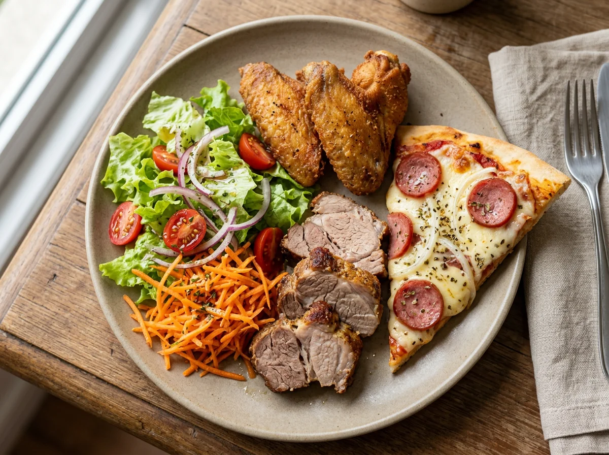 Prato misto com salada e carnes photo