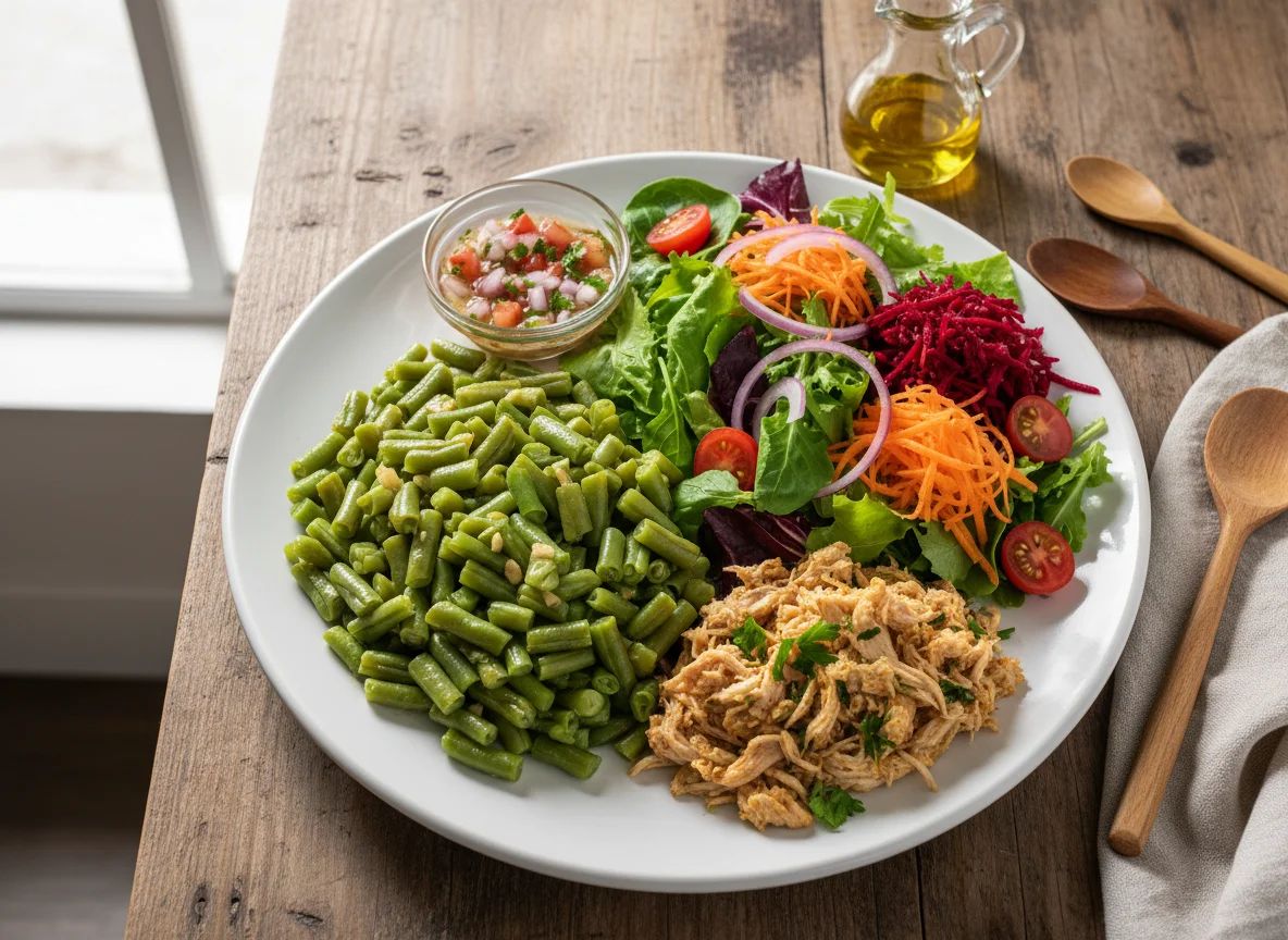 Prato misto com salada e feijão verde photo