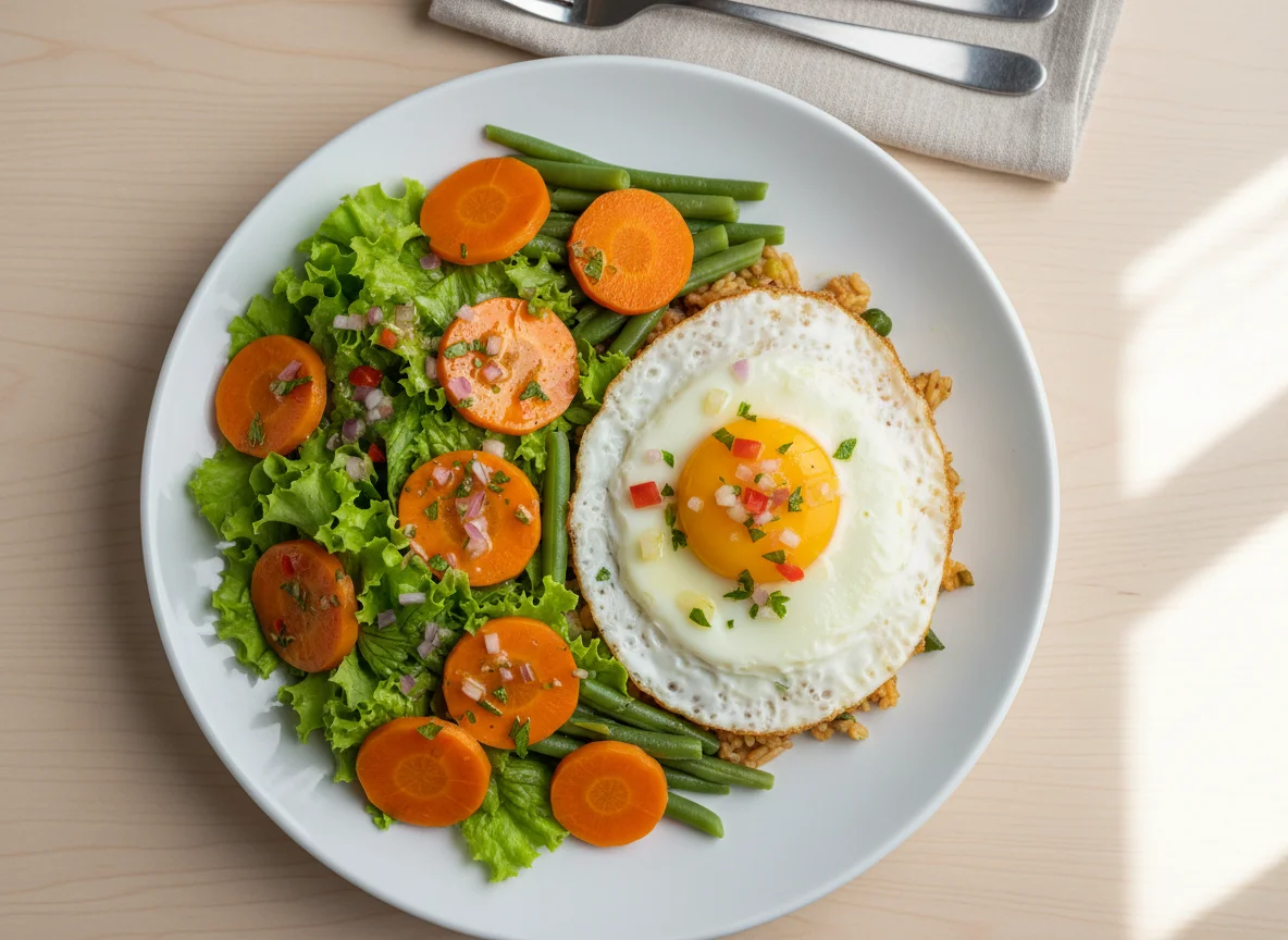 Prato misto com salada e ovo frito photo