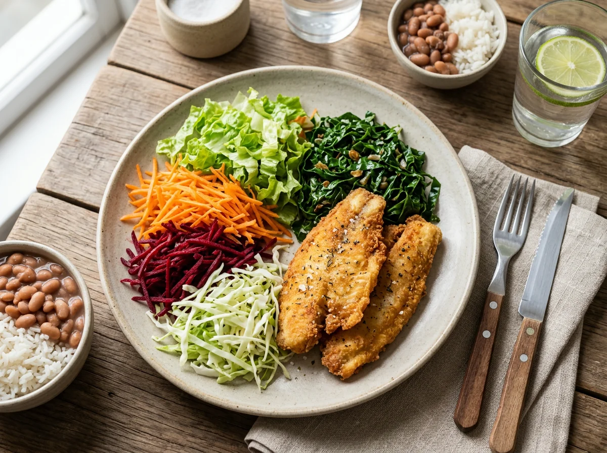 Prato misto com salada e tilápia frita photo