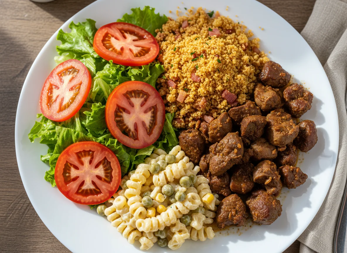 Prato misto com salada, farofa, macarrão e carne photo