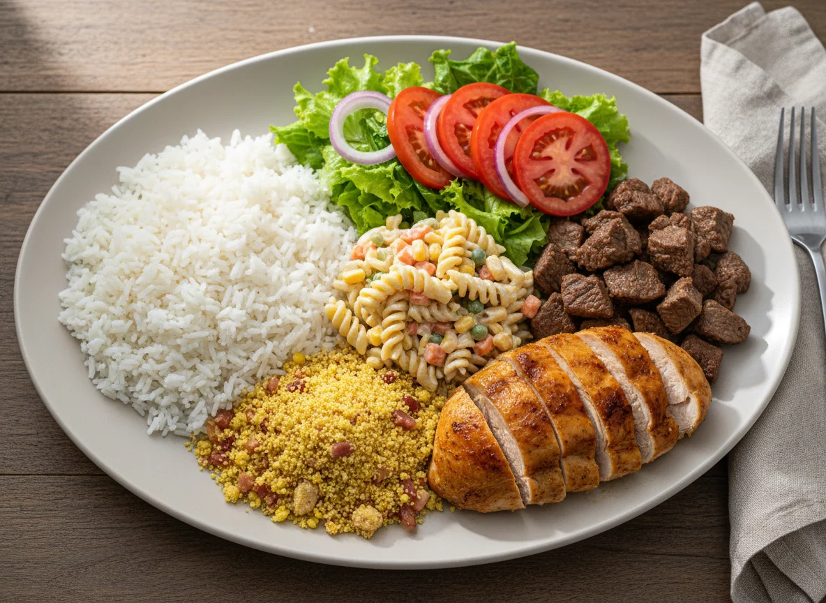 Prato misto com salada, farofa, macarrão e carnes photo