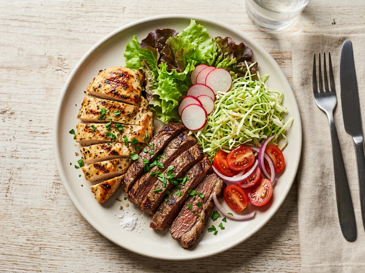 Prato misto com salada, frango e carne photo