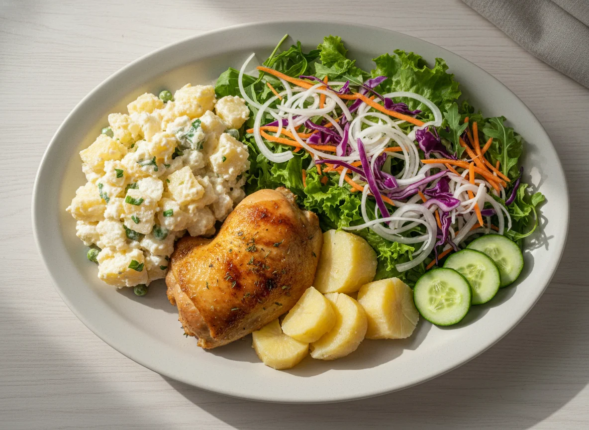 Prato misto com salada, maionese de batata e frango photo