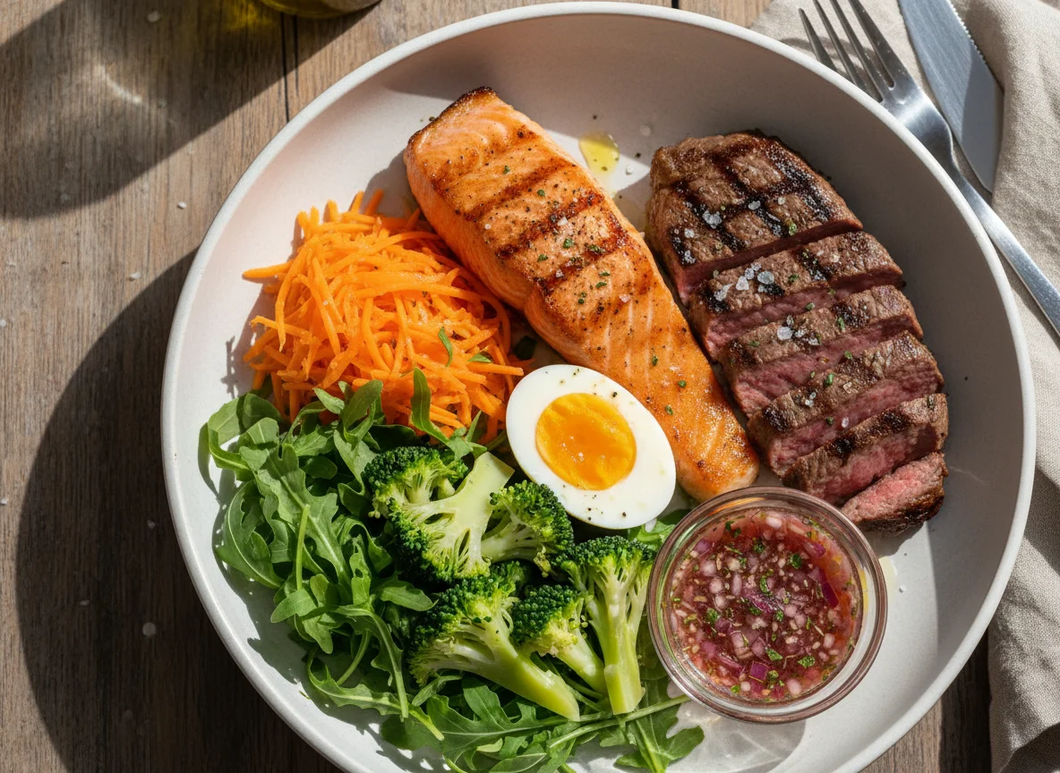 Prato misto com salmão, carne e salada photo