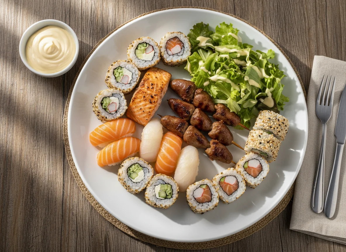 Prato misto com salmão, corações de frango e sushi photo