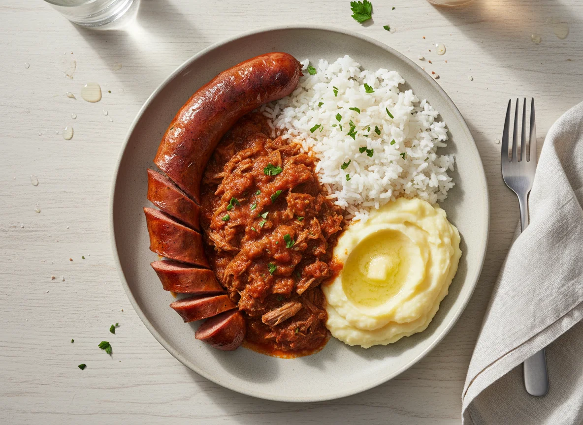 Prato misto com salsicha, carne e purê photo