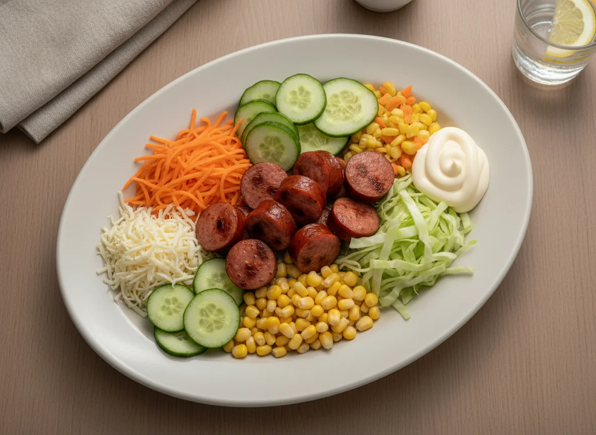 Prato misto com salsicha e salada photo