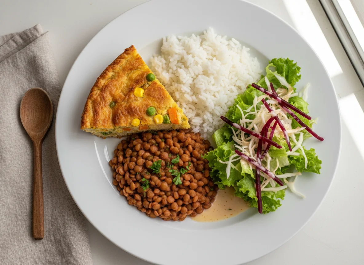 Prato misto com torta de soja, lentilhas, arroz e salada photo