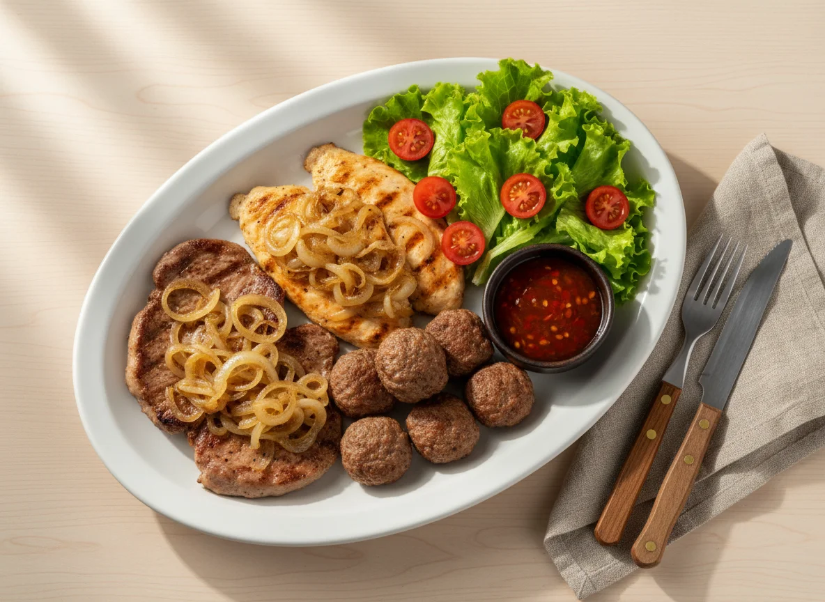 Prato misto de carnes grelhadas com cebola e salada photo