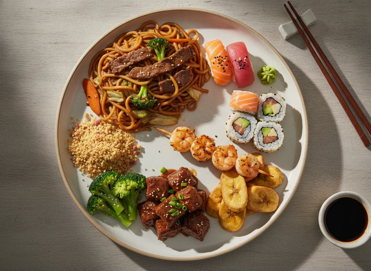 Prato Misto de Culinária Asiática e Brasileira photo