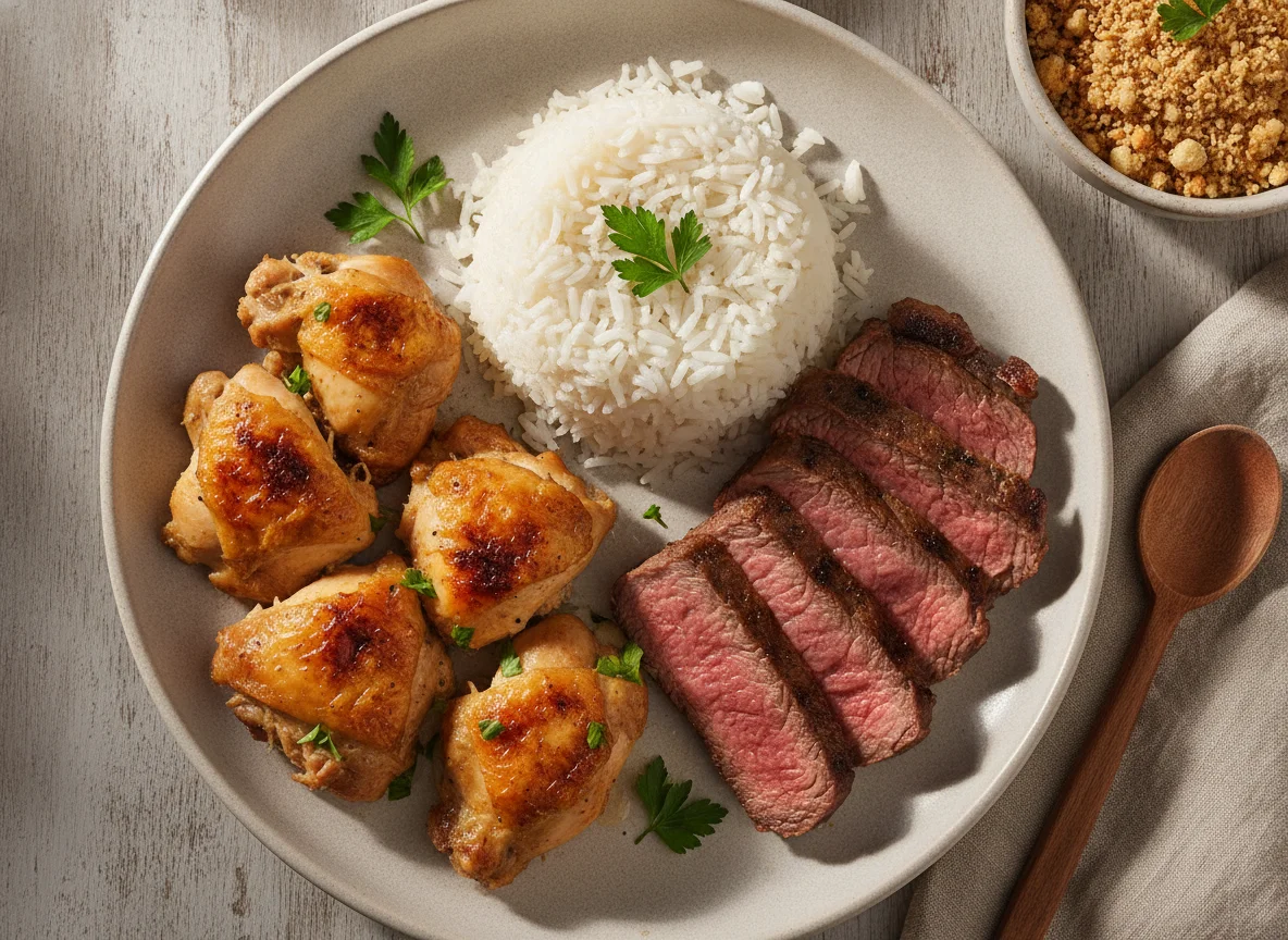 Prato misto de frango, carne e arroz photo