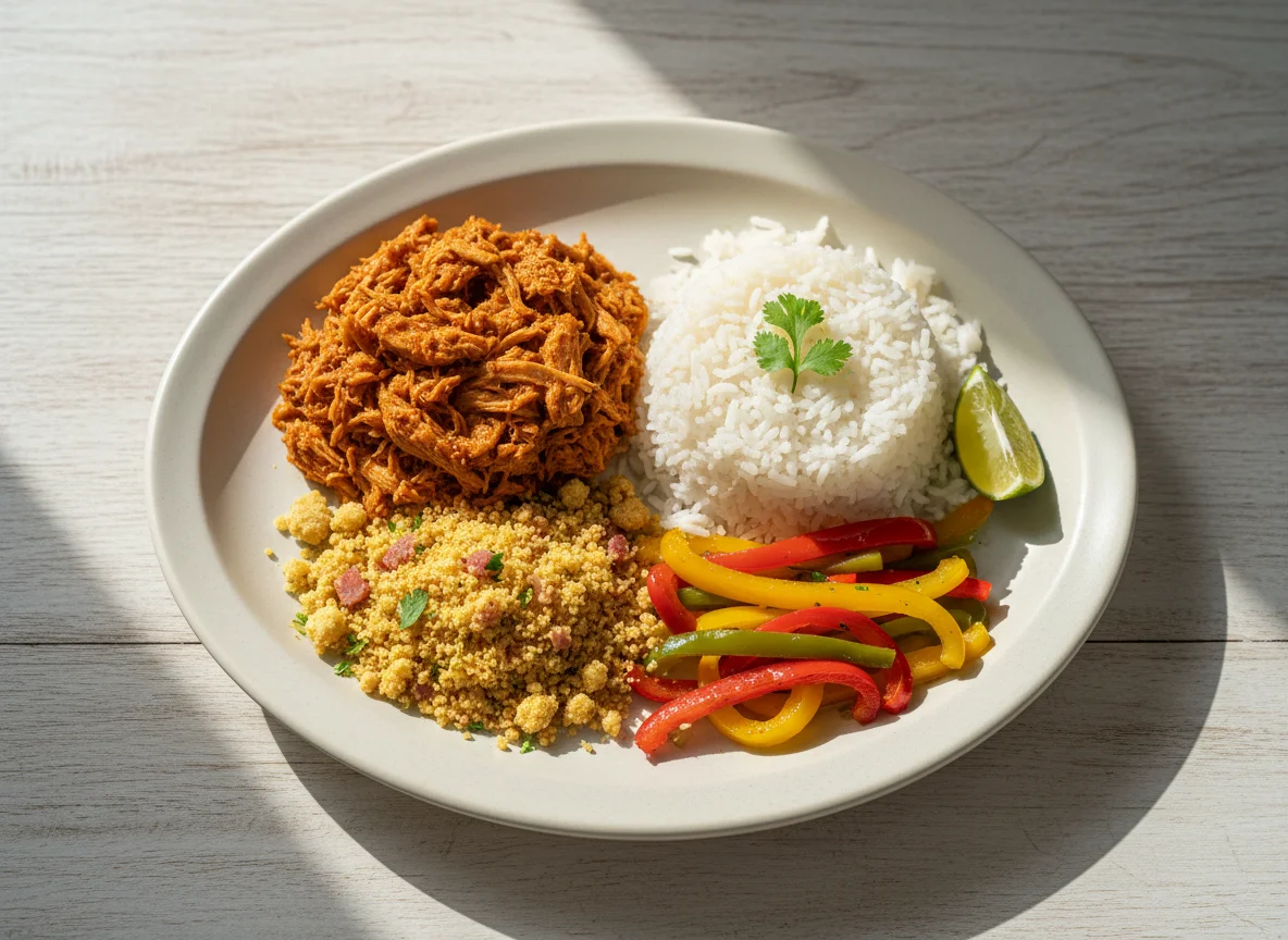 Prato misto de frango desfiado, arroz, farofa e pimentões salteados photo