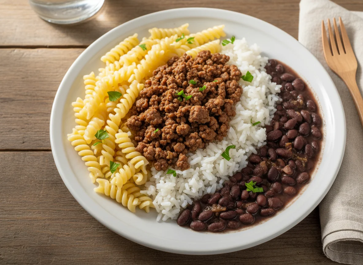 Prato misto de macarrão, arroz e feijão com carne moída photo