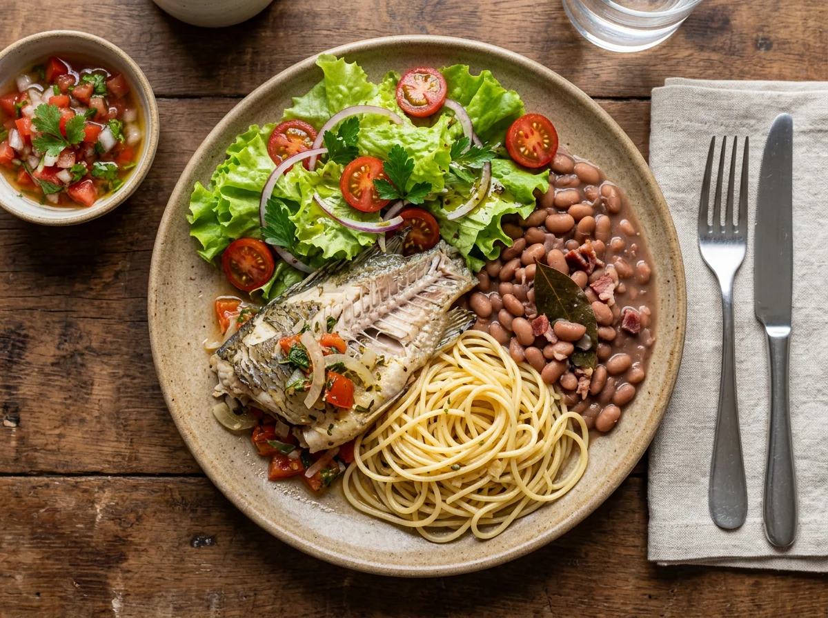Prato misto de peixe, massa, feijão e salada photo