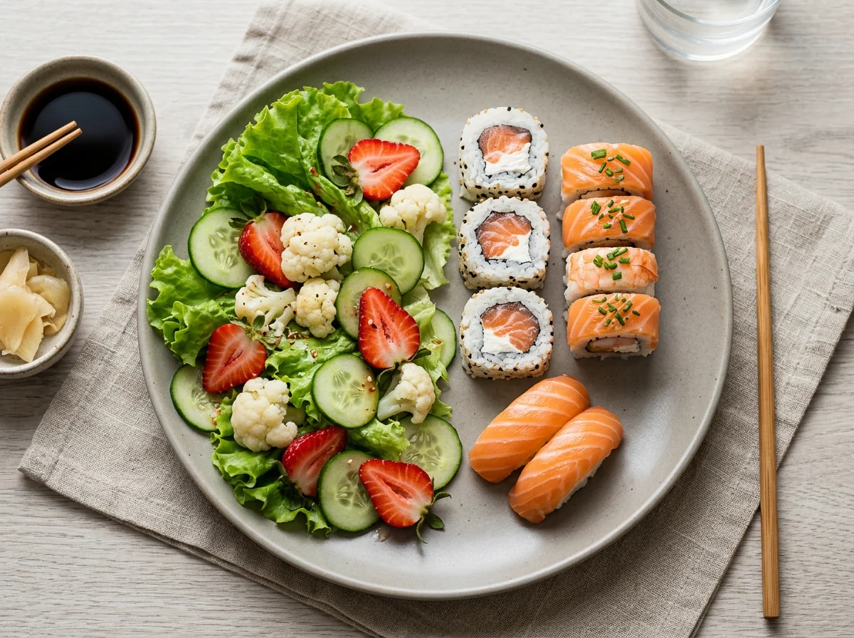 Prato misto de sushi e salada photo