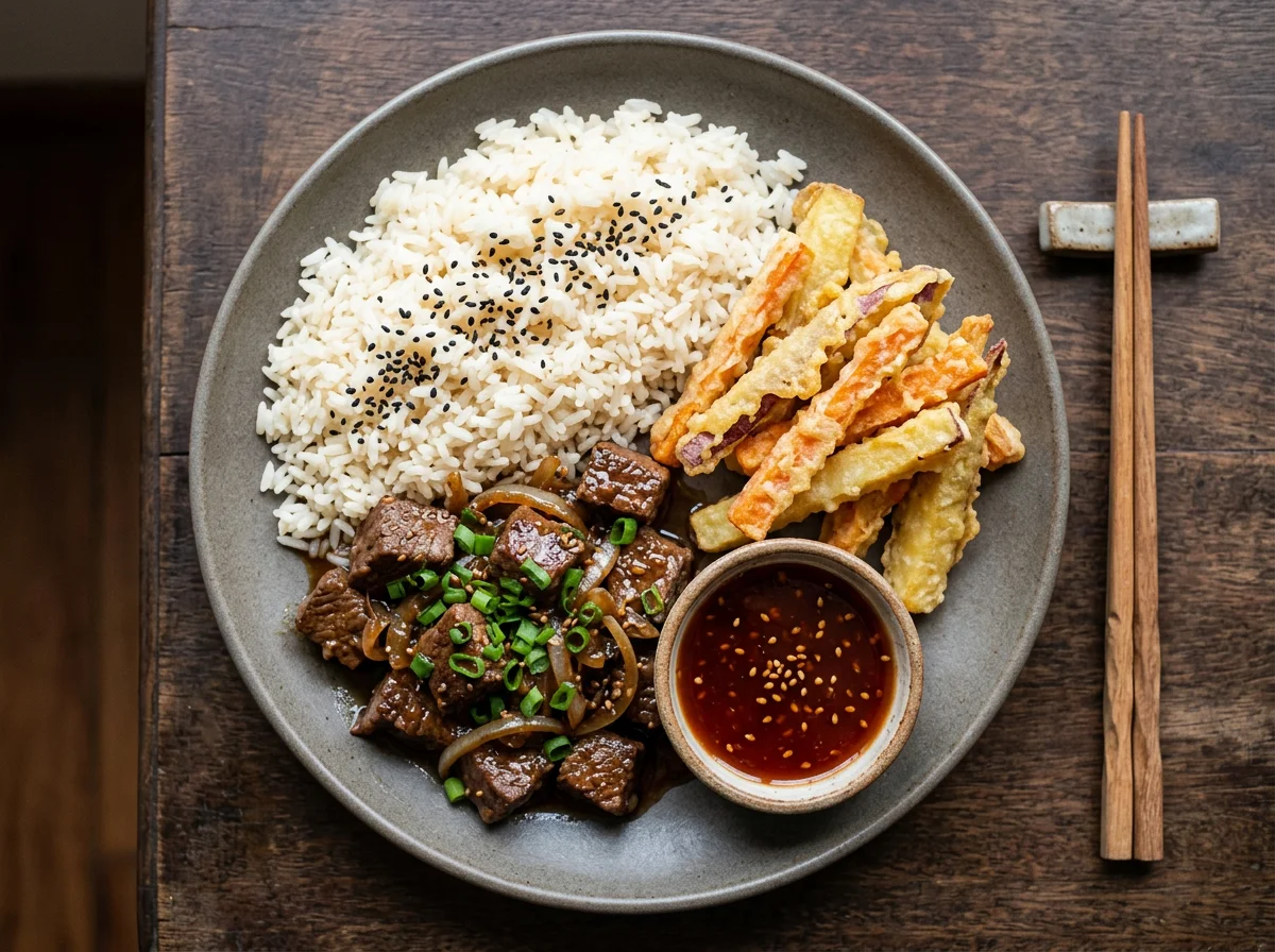 Prato oriental com carne, tempurá e arroz photo