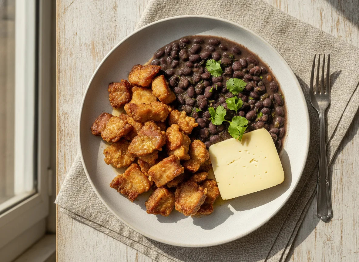 Prato simples com carne de porco, feijão e queijo photo