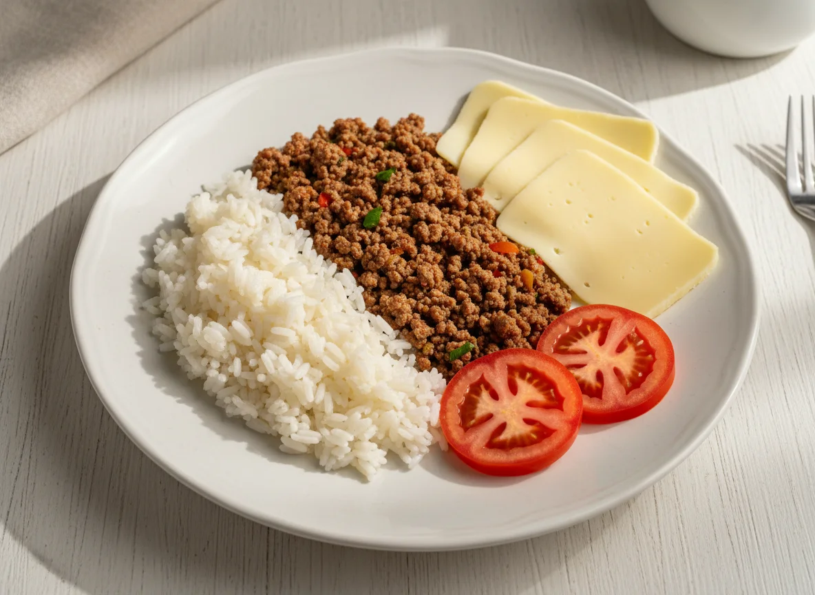 Prato simples com carne moída, arroz, queijo e tomate photo