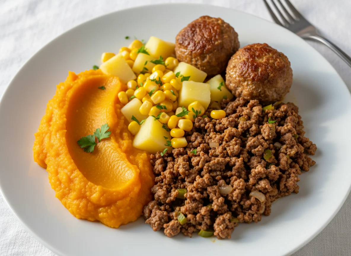 Prato variado com abóbora, carne moída e almôndegas photo