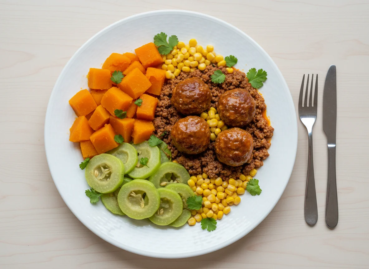 Prato variado com abóbora, chuchu, carne moída e almôndegas photo