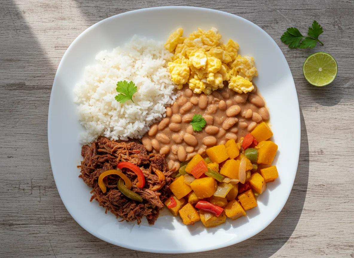 Prato variado com abóbora, feijão, carne seca e ovos mexidos photo