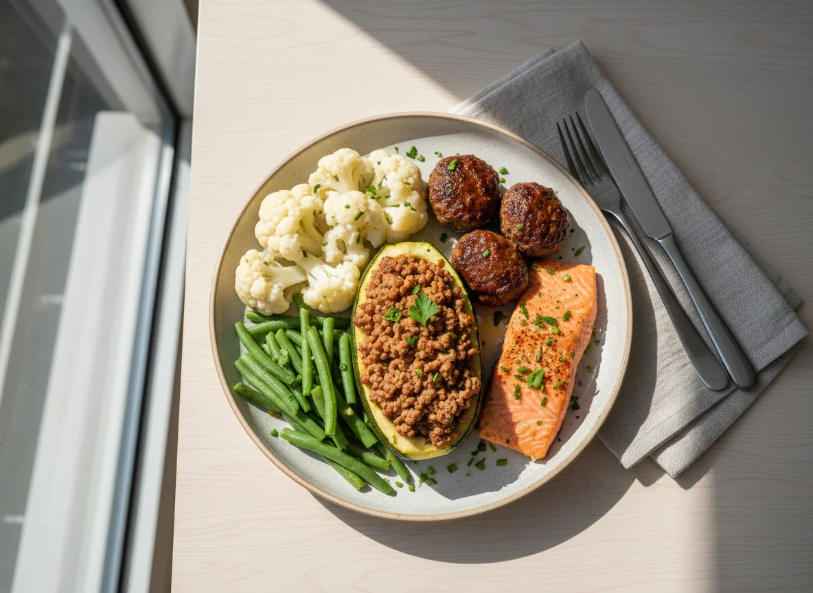 Prato variado com abobrinha recheada, couve-flor, vagem, salmão e almôndegas photo