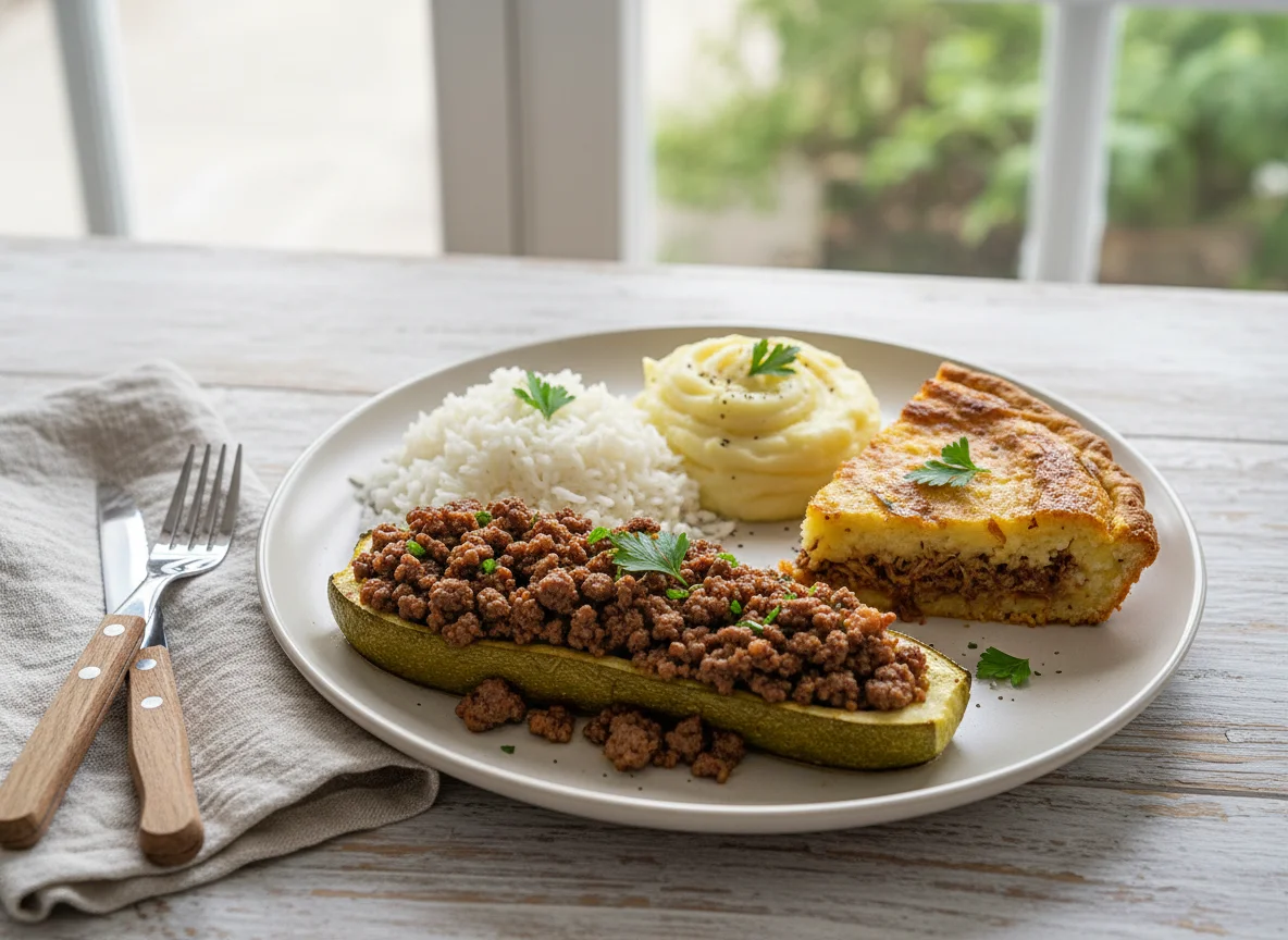 Prato variado com abobrinha recheada, purê, arroz e torta photo